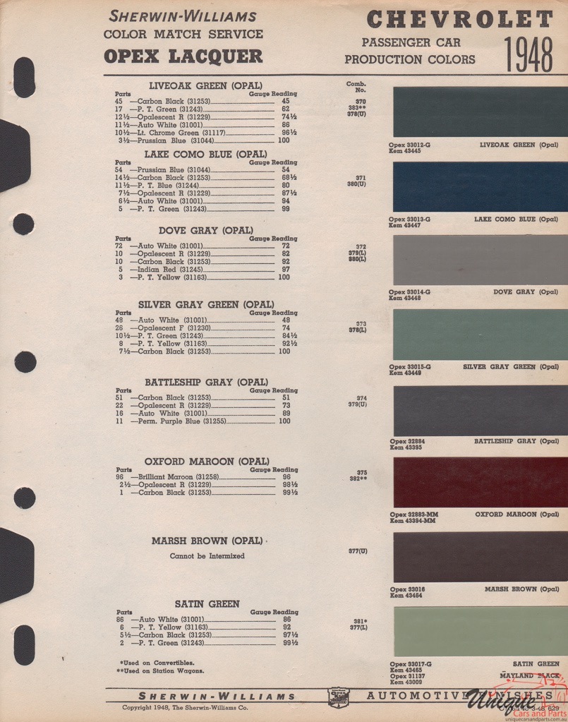 1948 Chev Paint Charts Williams 1